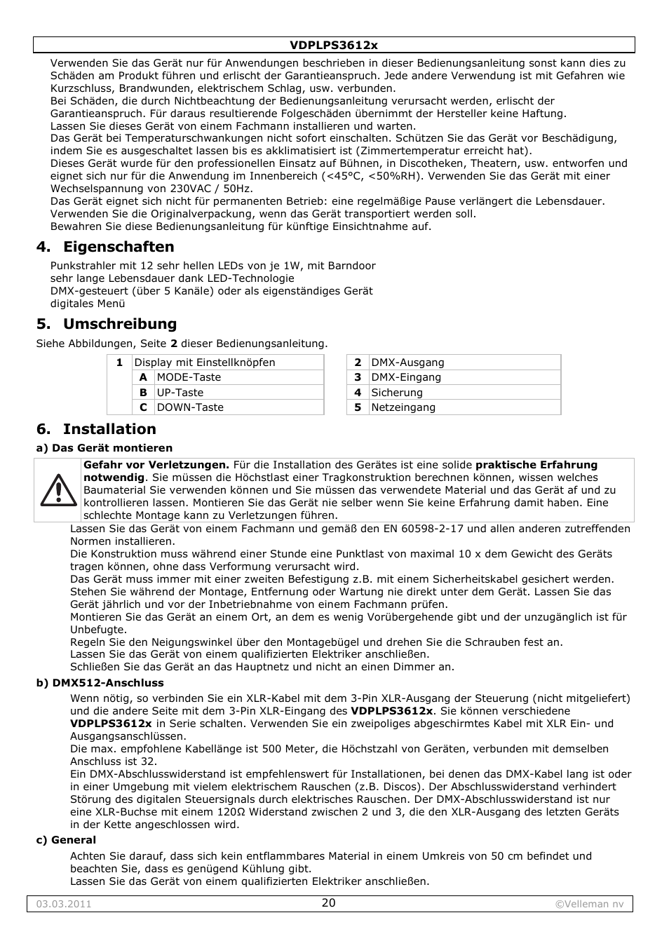 Eigenschaften, Umschreibung, Installation | Velleman VDPLPS3612B User Manual | Page 20 / 24