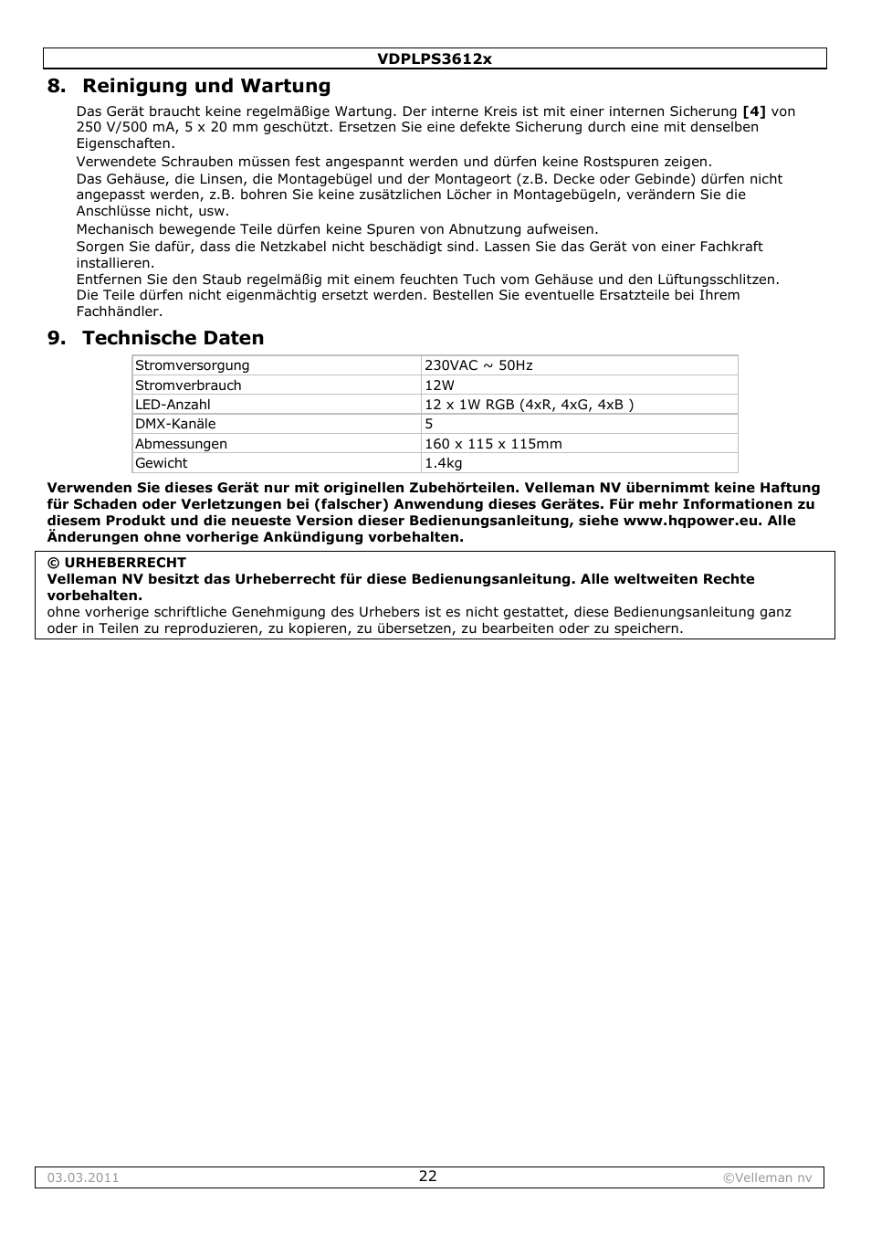 Reinigung und wartung, Technische daten | Velleman VDPLPS3612B User Manual | Page 22 / 24