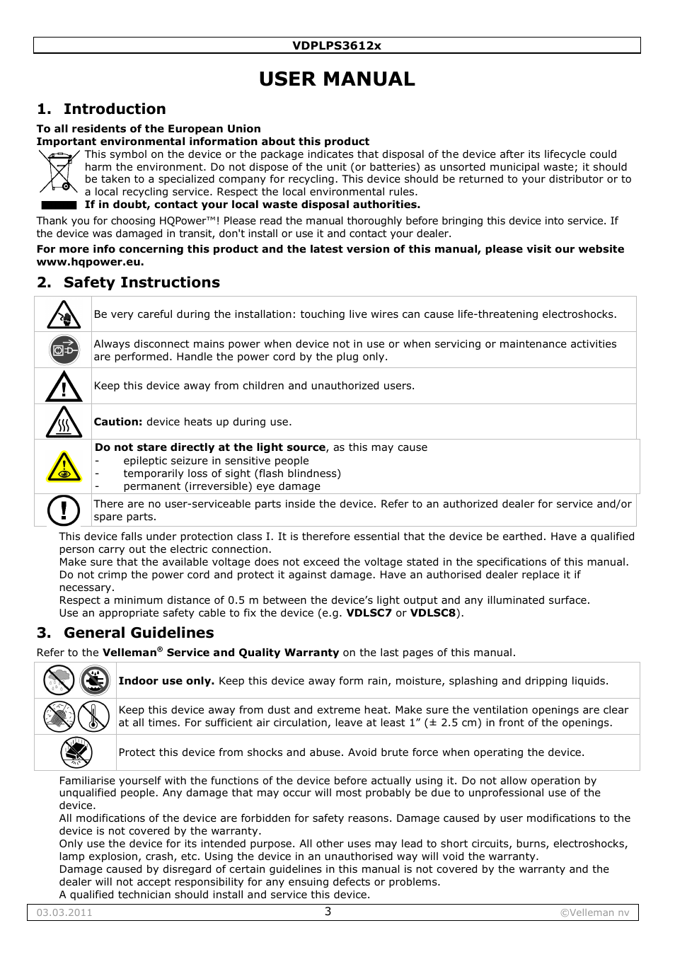 User manual, Introduction, Safety instructions | General guidelines | Velleman VDPLPS3612B User Manual | Page 3 / 24
