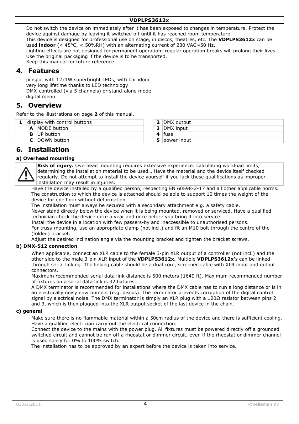 Features, Overview, Installation | Velleman VDPLPS3612B User Manual | Page 4 / 24