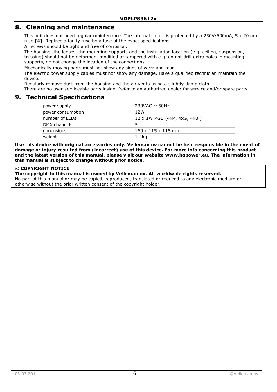 Cleaning and maintenance, Technical specifications | Velleman VDPLPS3612B User Manual | Page 6 / 24