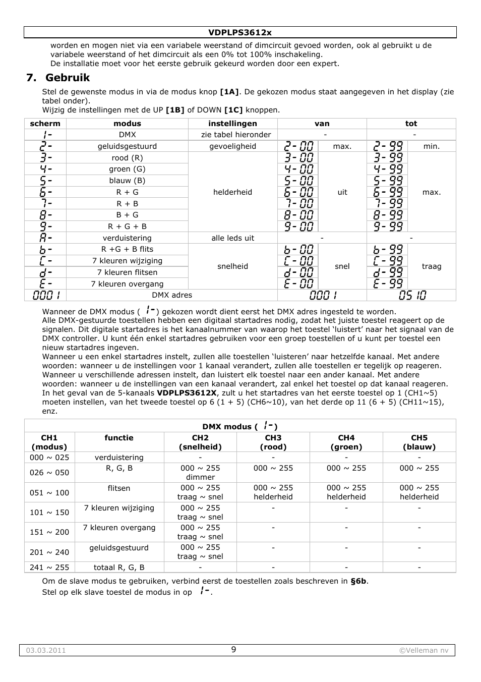 Gebruik | Velleman VDPLPS3612B User Manual | Page 9 / 24