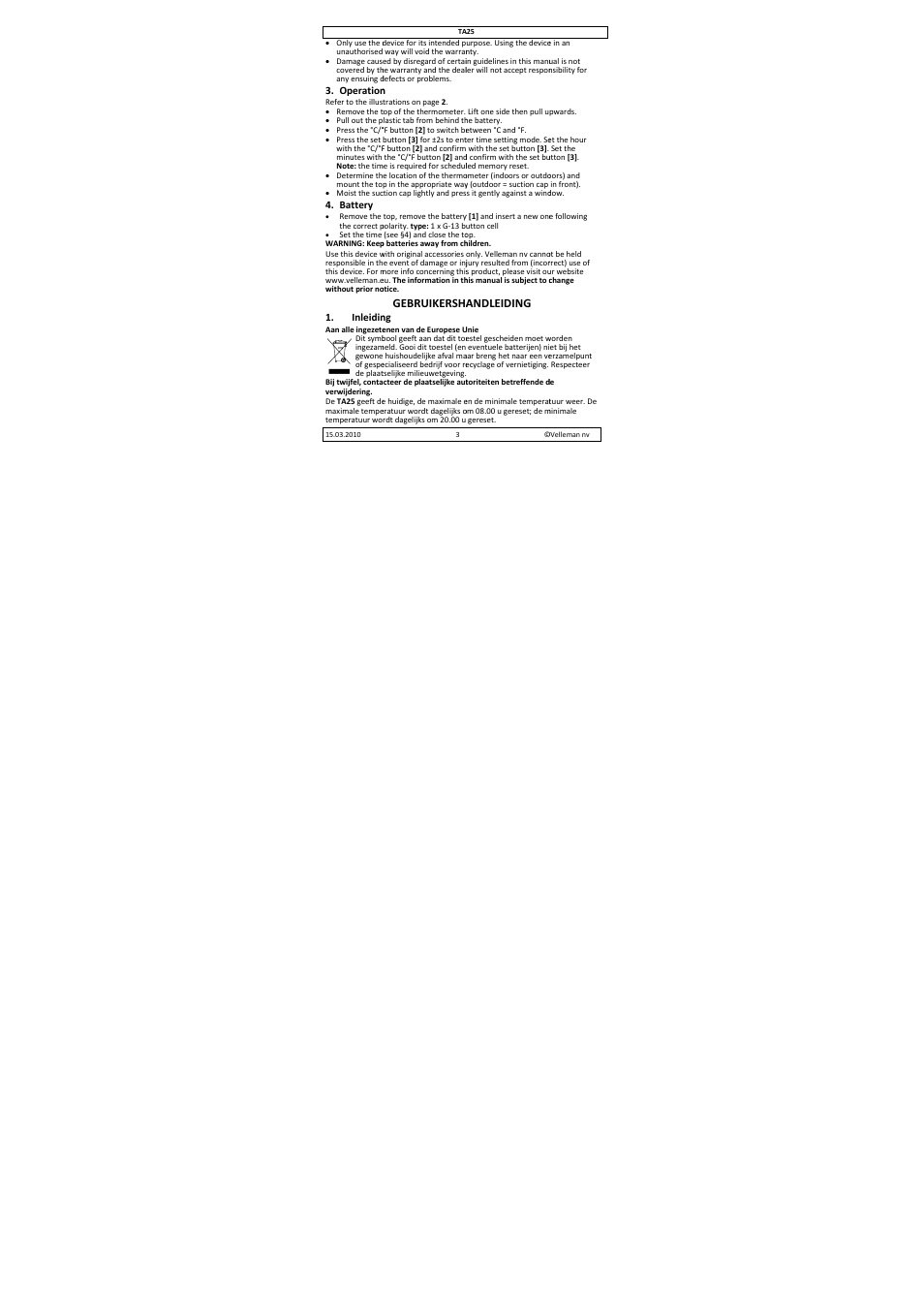 Gebruikersha, Andleiding | Velleman TA25 User Manual | Page 3 / 8