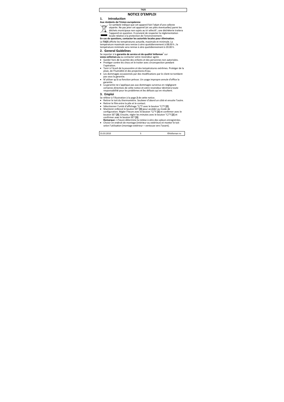 Notice d, Emploi | Velleman TA25 User Manual | Page 5 / 8