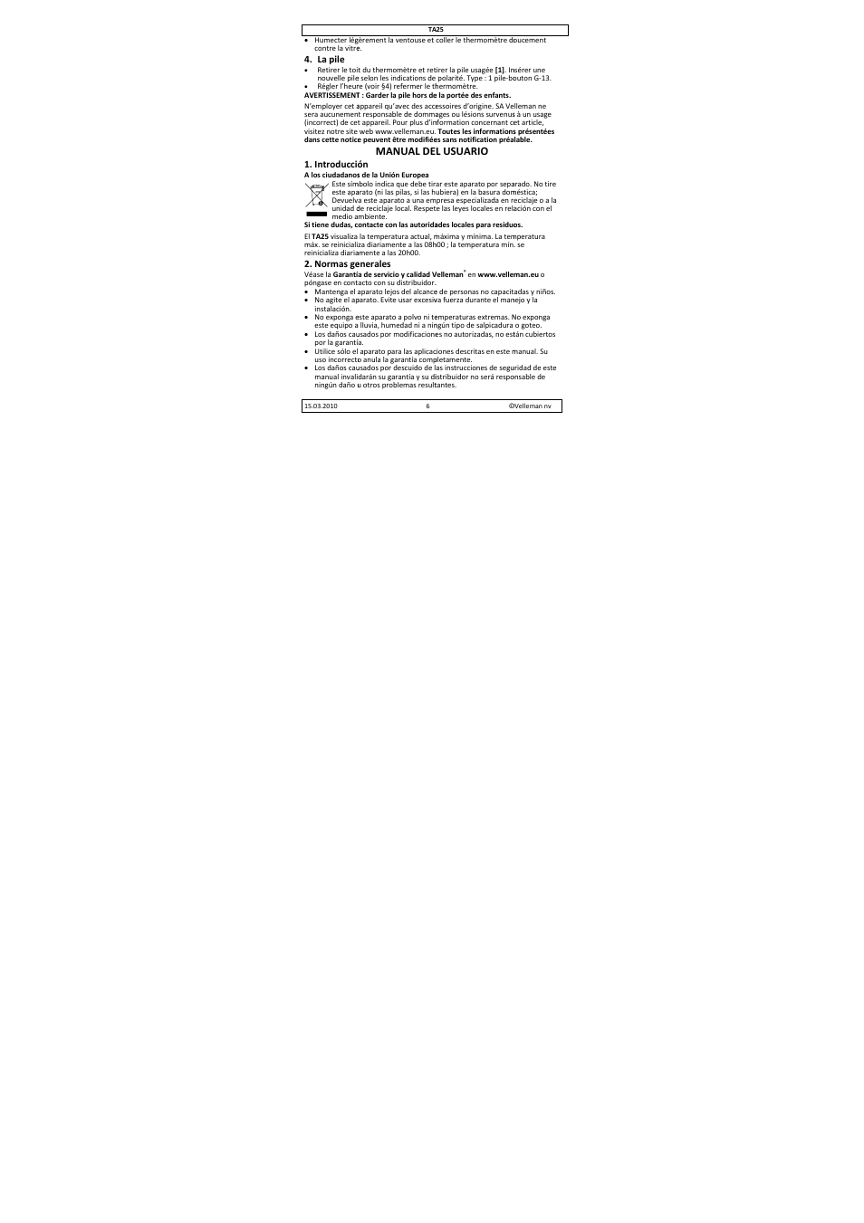 Manual de, L usuario | Velleman TA25 User Manual | Page 6 / 8