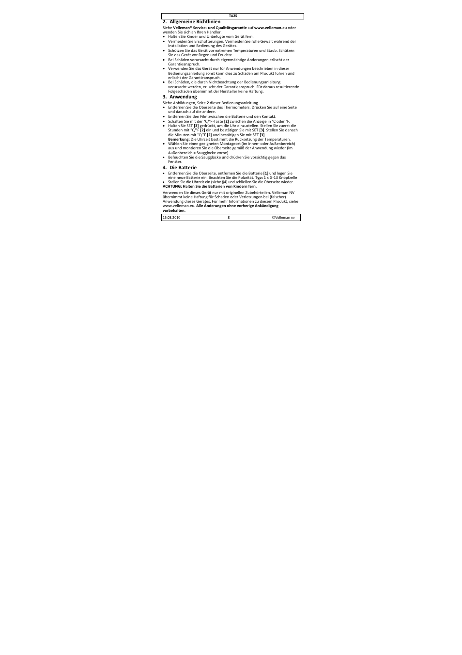 Velleman TA25 User Manual | Page 8 / 8