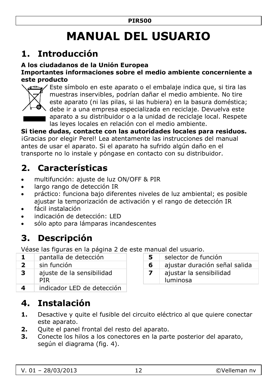 Manual del usuario, Introducción, Características | Descripción, Instalación | Velleman PIR500 User Manual | Page 12 / 27