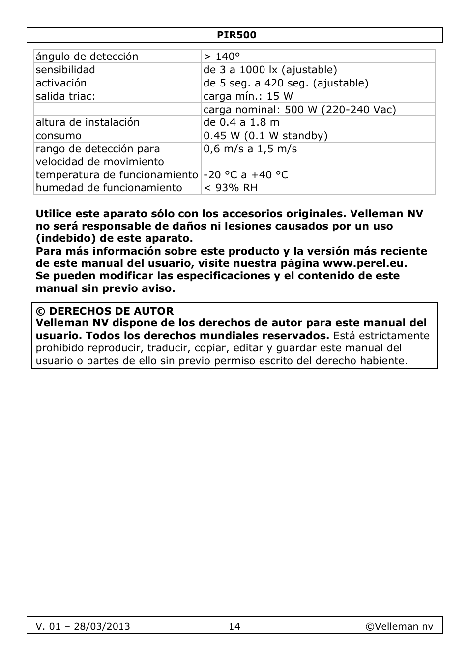 Velleman PIR500 User Manual | Page 14 / 27