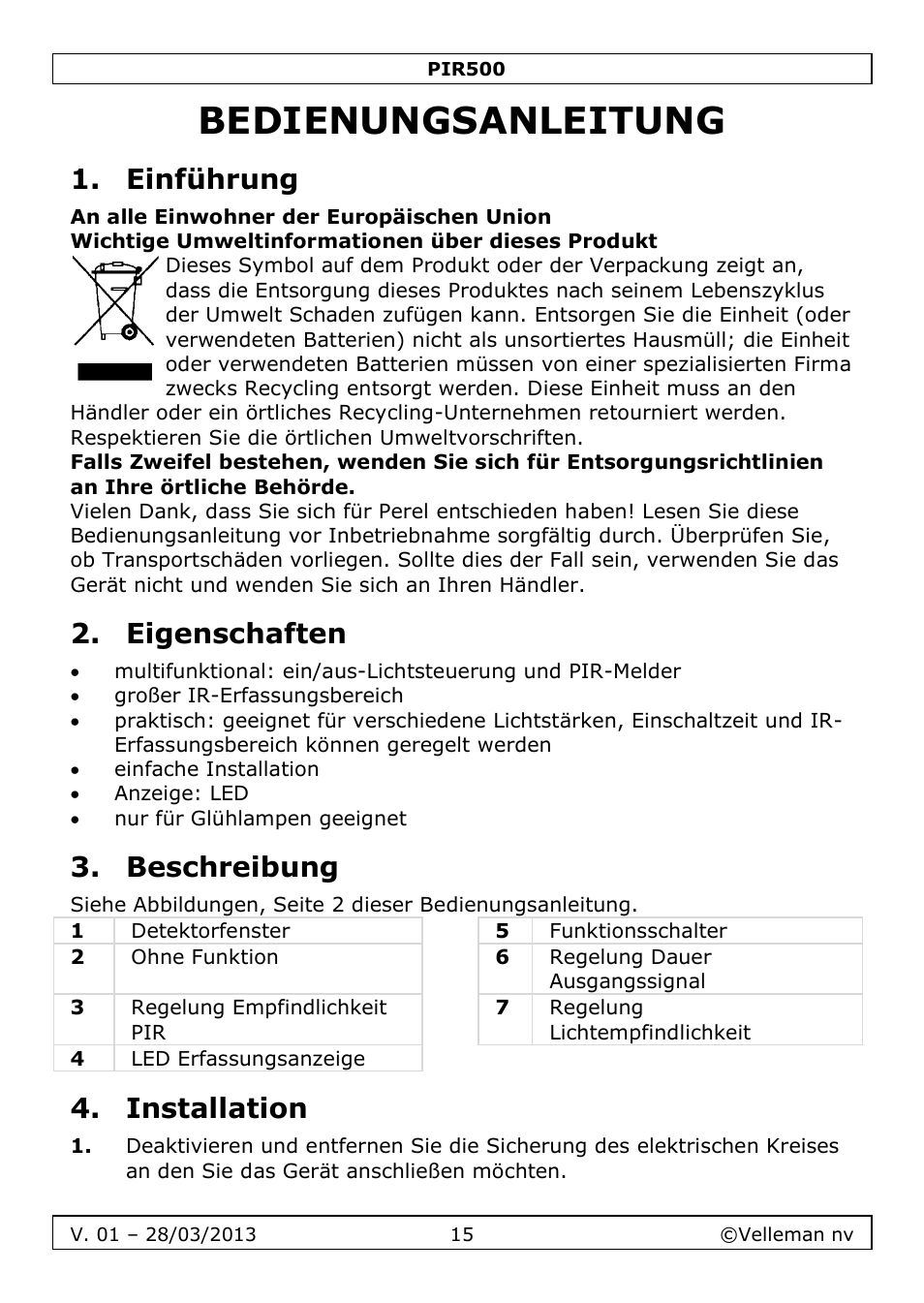 Bedienungsanleitung, Einführung, Eigenschaften | Beschreibung, Installation | Velleman PIR500 User Manual | Page 15 / 27