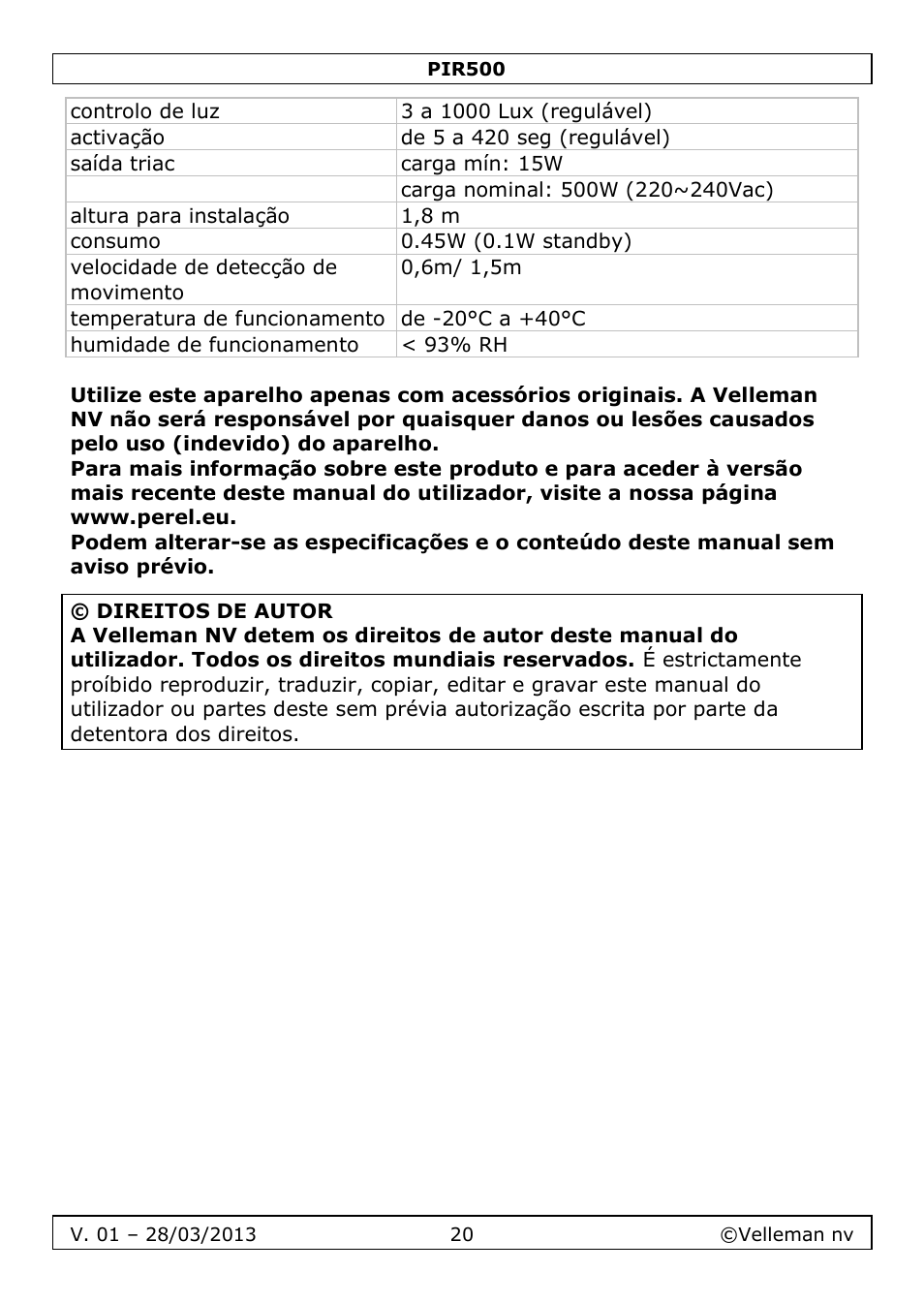 Velleman PIR500 User Manual | Page 20 / 27