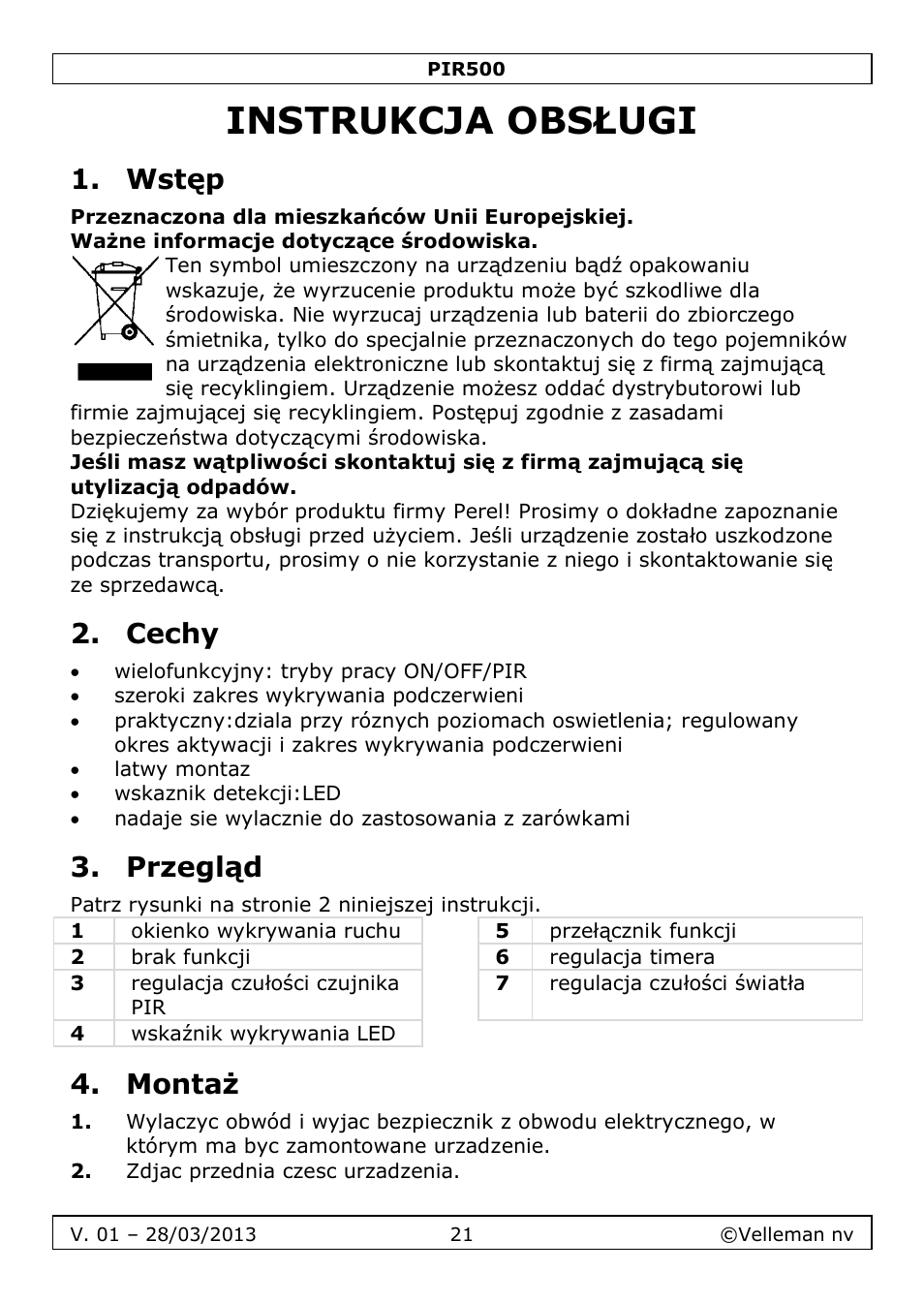 Instrukcja obsługi, Wstęp, Cechy | Przegląd, Montaż | Velleman PIR500 User Manual | Page 21 / 27