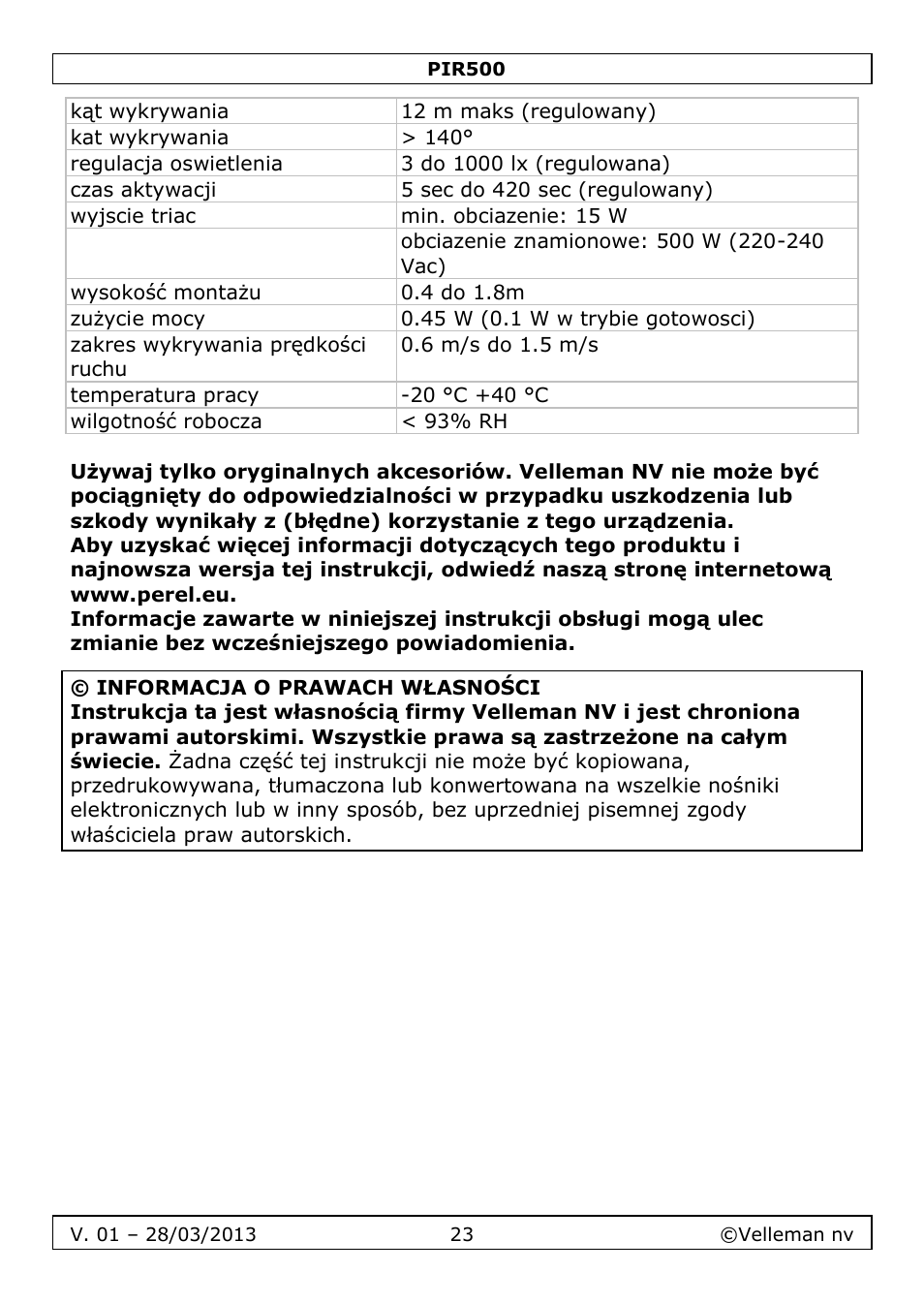 Velleman PIR500 User Manual | Page 23 / 27