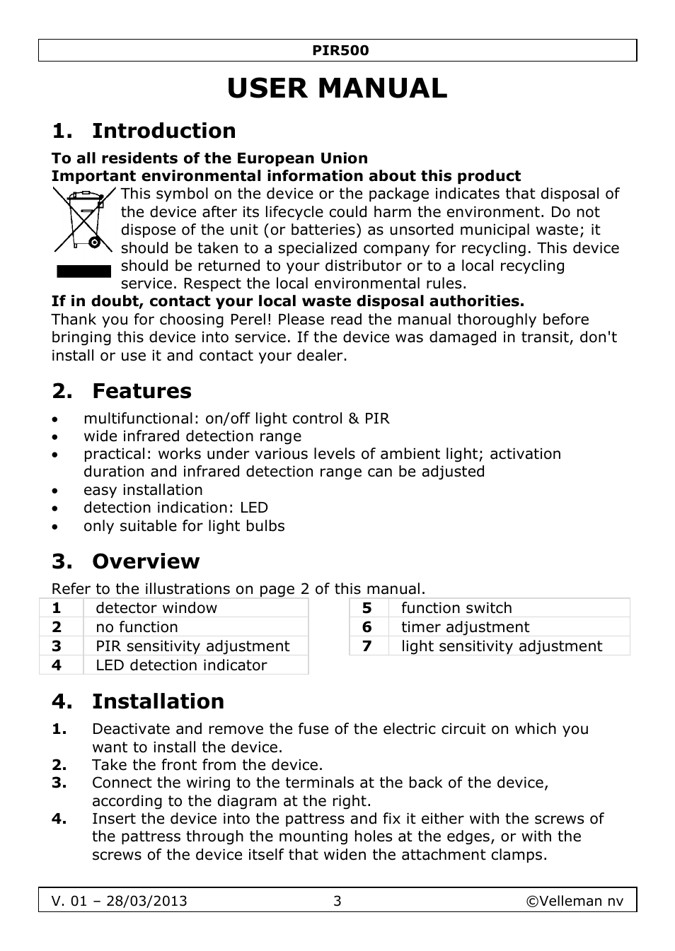 User manual, Introduction, Features | Overview, Installation | Velleman PIR500 User Manual | Page 3 / 27