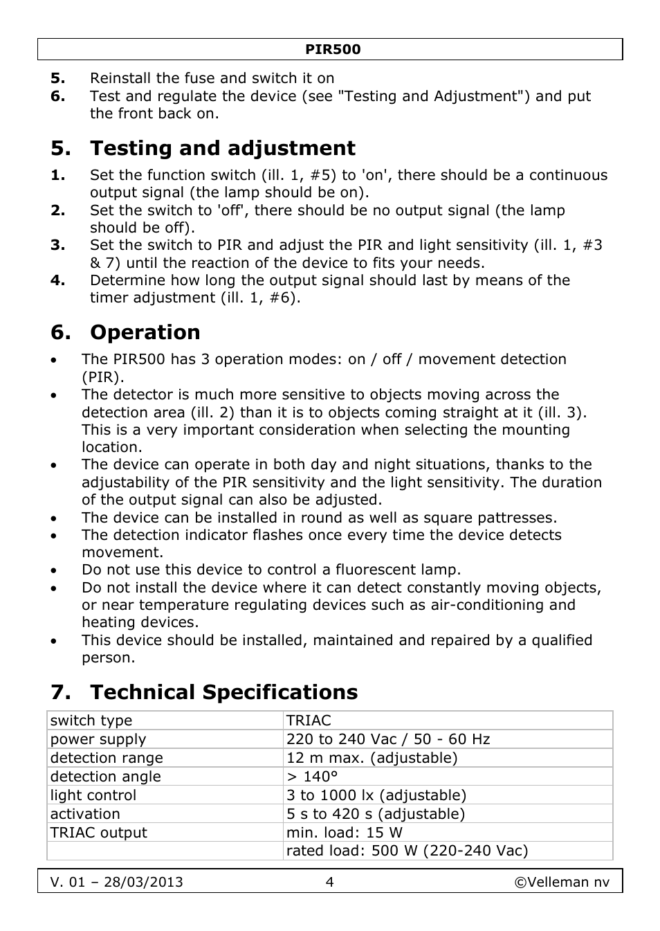 Testing and adjustment, Operation, Technical specifications | Velleman PIR500 User Manual | Page 4 / 27