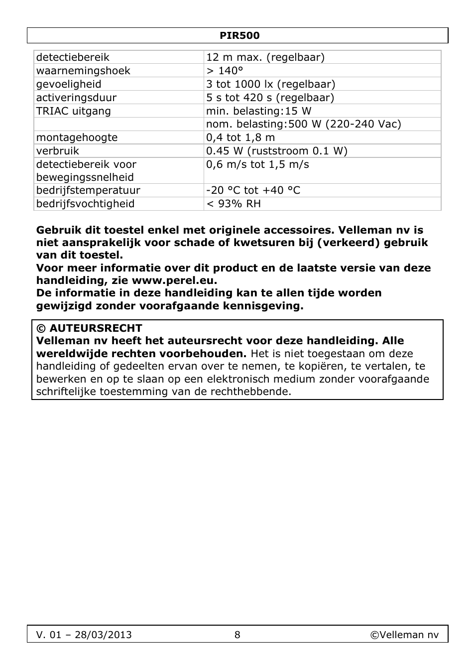 Velleman PIR500 User Manual | Page 8 / 27