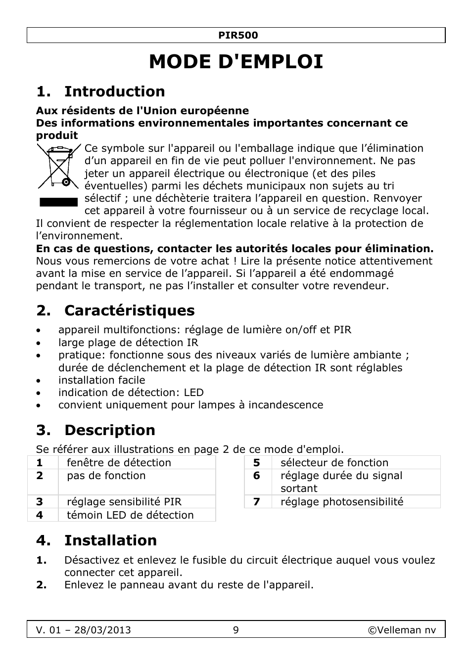 Mode d'emploi, Introduction, Caractéristiques | Description, Installation | Velleman PIR500 User Manual | Page 9 / 27