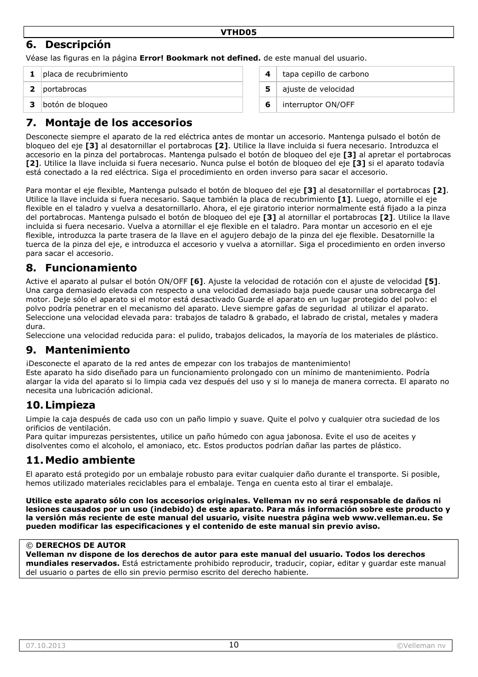Descripción, Montaje de los accesorios, Funcionamiento | Mantenimiento, Limpieza, Medio ambiente | Velleman VTHD05 User Manual | Page 10 / 18