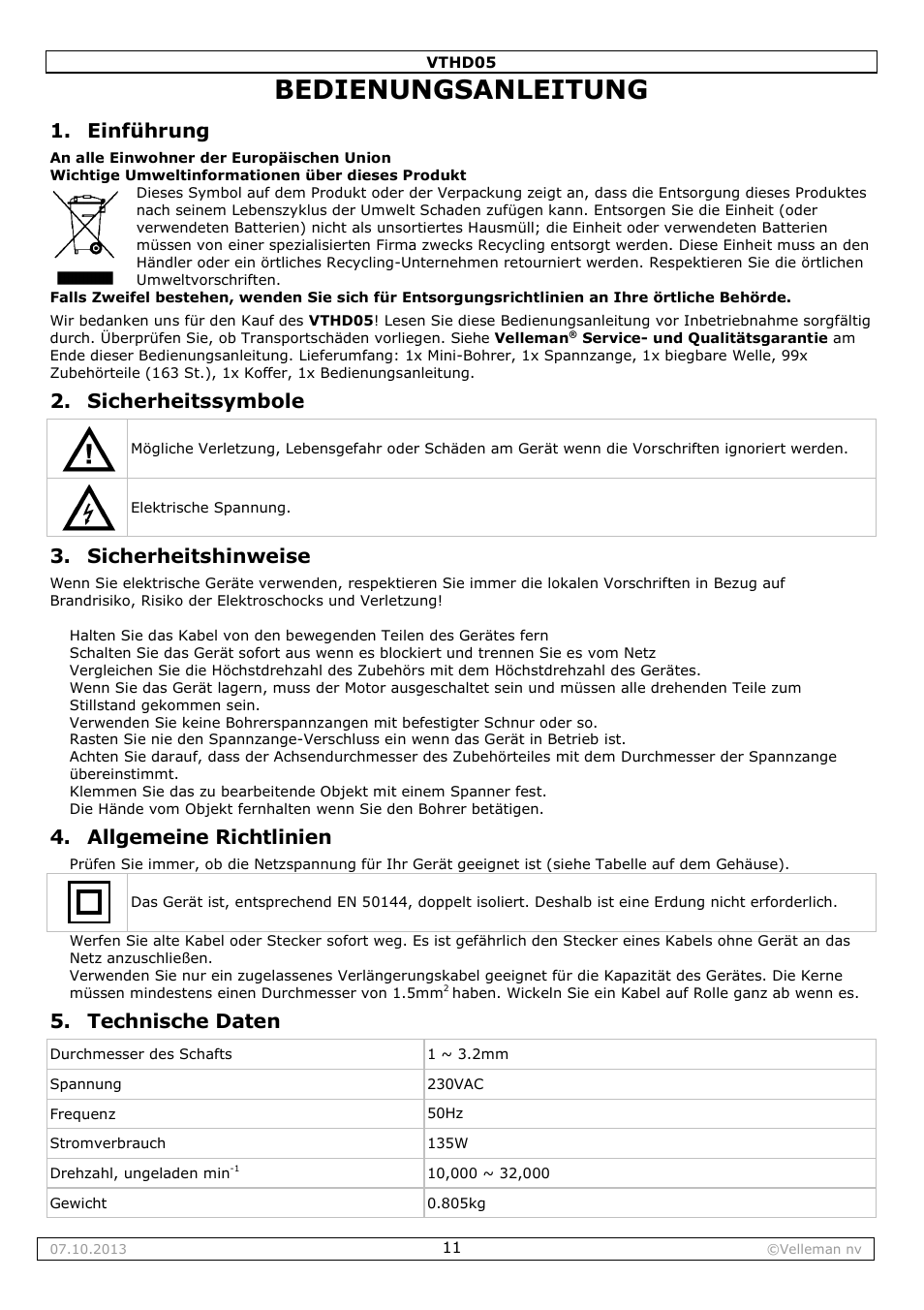 Bedienungsanleitung, Einführung, Sicherheitssymbole | Sicherheitshinweise, Allgemeine richtlinien, Technische daten | Velleman VTHD05 User Manual | Page 11 / 18