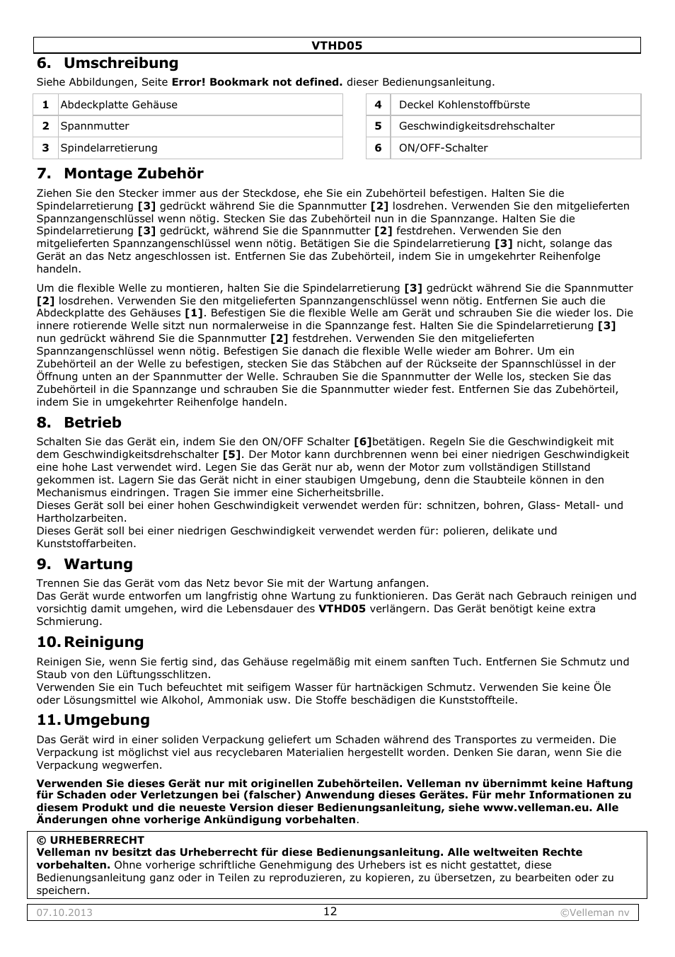 Umschreibung, Montage zubehör, Betrieb | Wartung, Reinigung, Umgebung | Velleman VTHD05 User Manual | Page 12 / 18