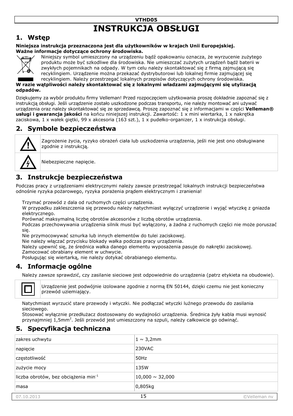 Instrukcja obsługi, Wstęp, Symbole bezpieczeństwa | Instrukcje bezpieczeństwa, Informacje ogólne, Specyfikacja techniczna | Velleman VTHD05 User Manual | Page 15 / 18