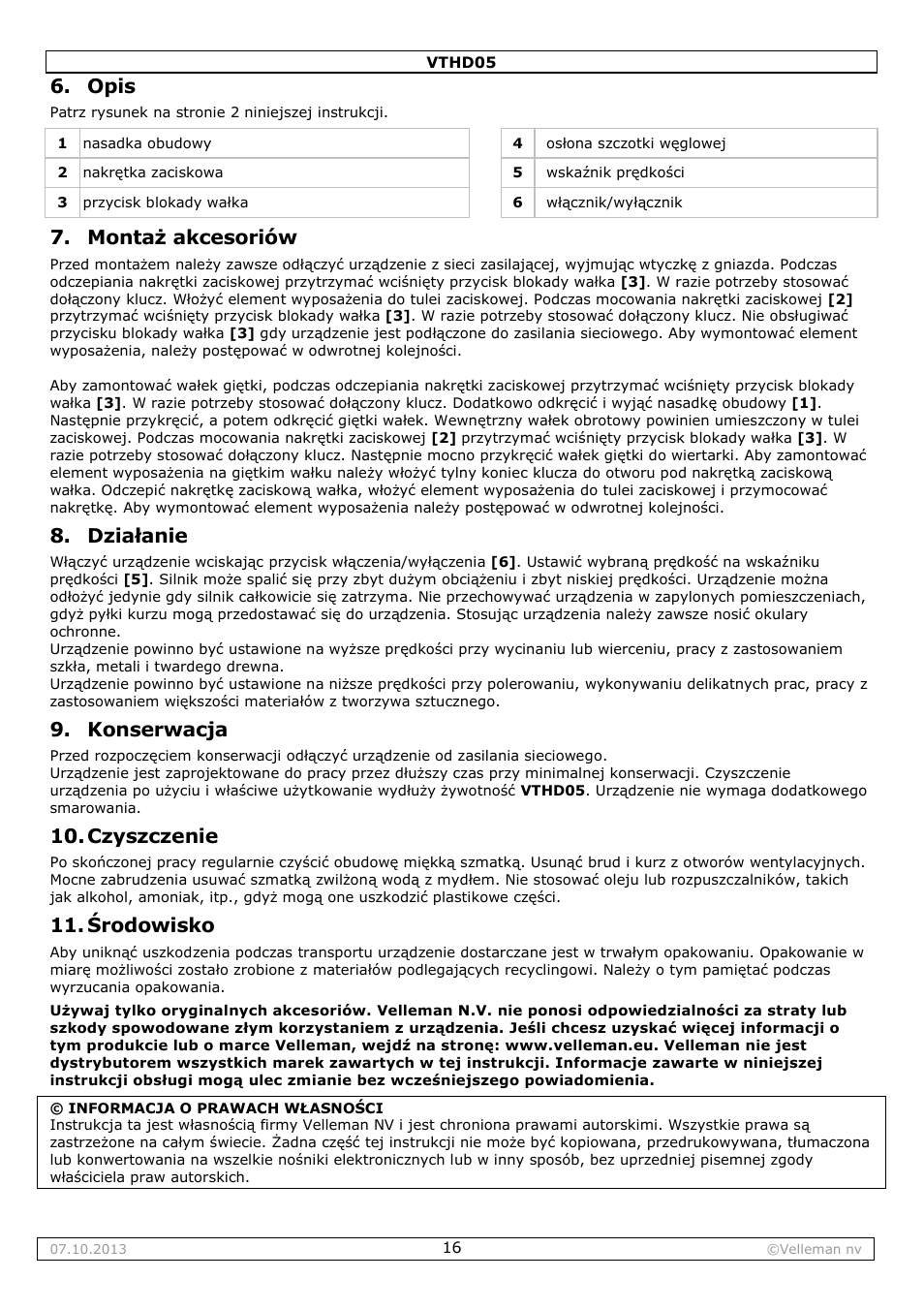 Opis, Montaż akcesoriów, Działanie | Konserwacja, Czyszczenie, Środowisko | Velleman VTHD05 User Manual | Page 16 / 18