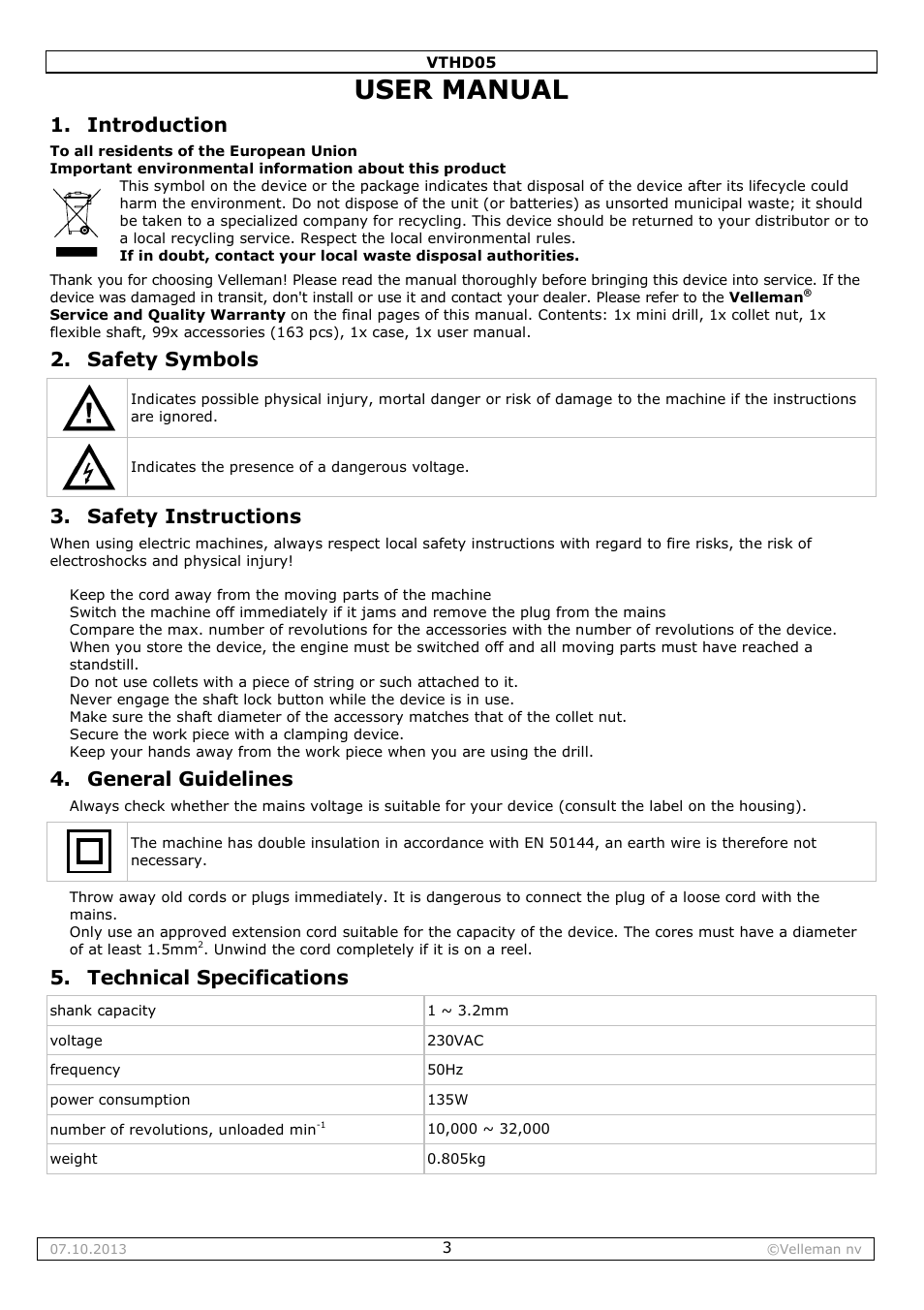 User manual, Introduction, Safety symbols | Safety instructions, General guidelines, Technical specifications | Velleman VTHD05 User Manual | Page 3 / 18