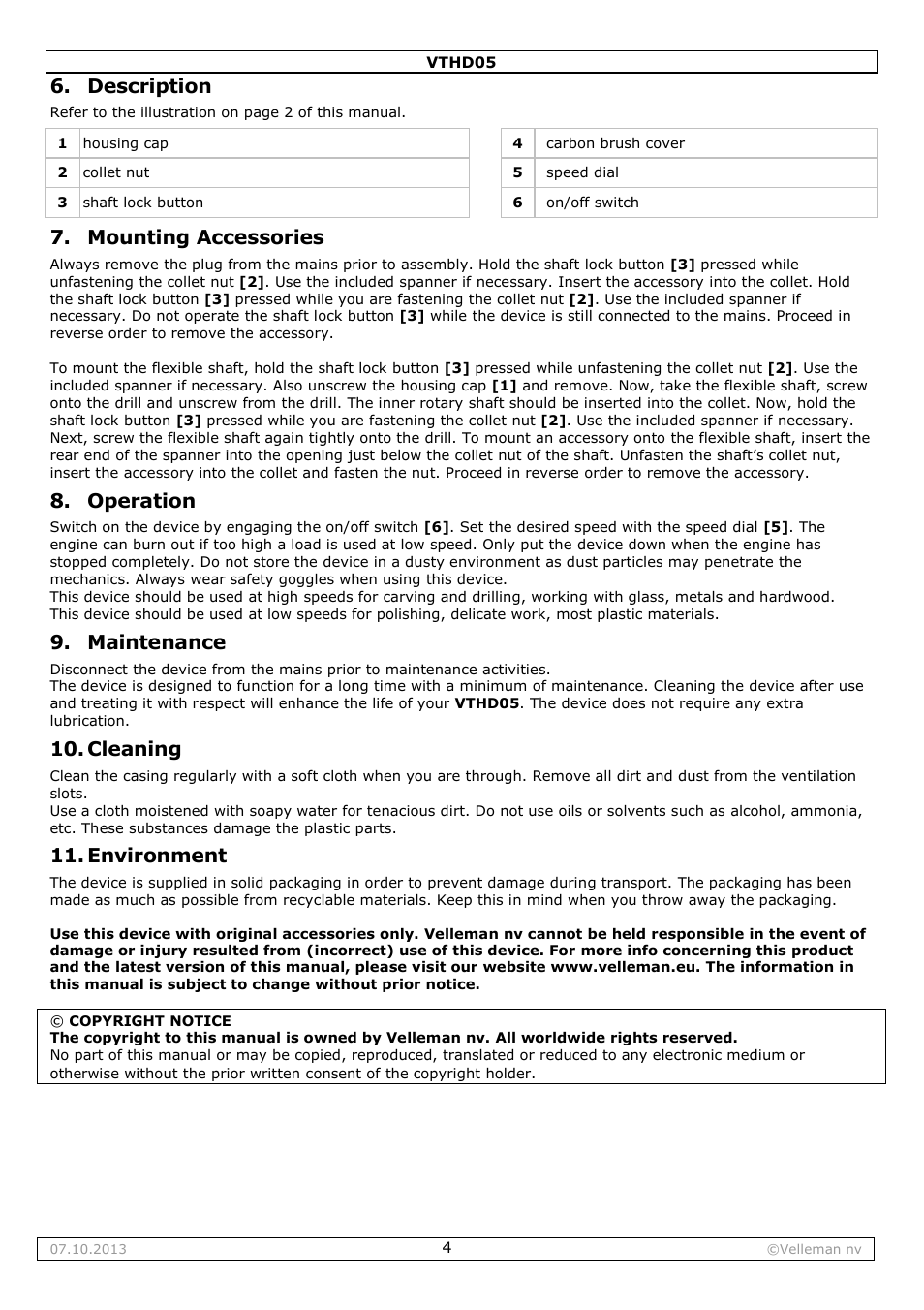Description, Mounting accessories, Operation | Maintenance, Cleaning, Environment | Velleman VTHD05 User Manual | Page 4 / 18