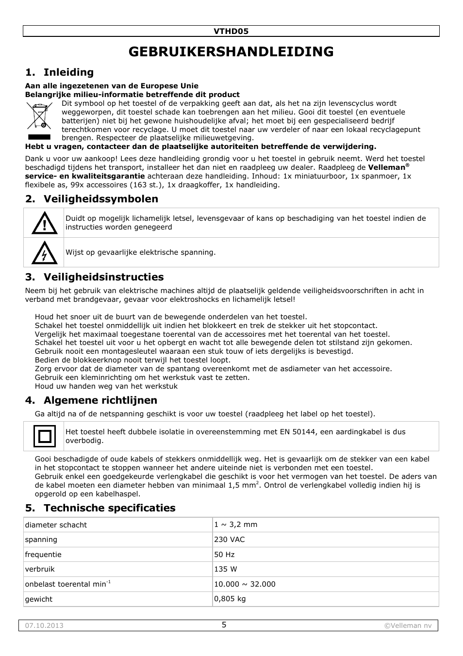 Gebruikershandleiding, Inleiding, Veiligheidssymbolen | Veiligheidsinstructies, Algemene richtlijnen, Technische specificaties | Velleman VTHD05 User Manual | Page 5 / 18