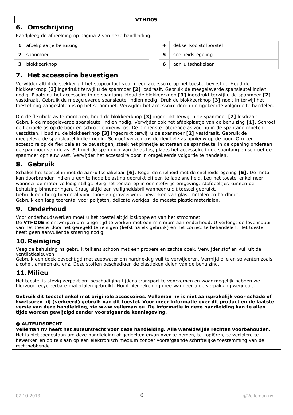 Omschrijving, Het accessoire bevestigen, Gebruik | Onderhoud, Reiniging, Milieu | Velleman VTHD05 User Manual | Page 6 / 18