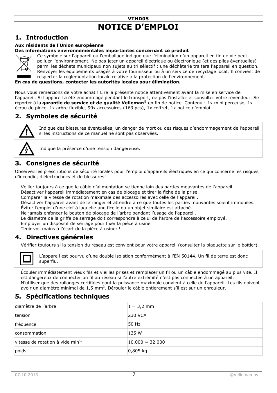 Notice d’emploi, Introduction, Symboles de sécurité | Consignes de sécurité, Directives générales, Spécifications techniques | Velleman VTHD05 User Manual | Page 7 / 18