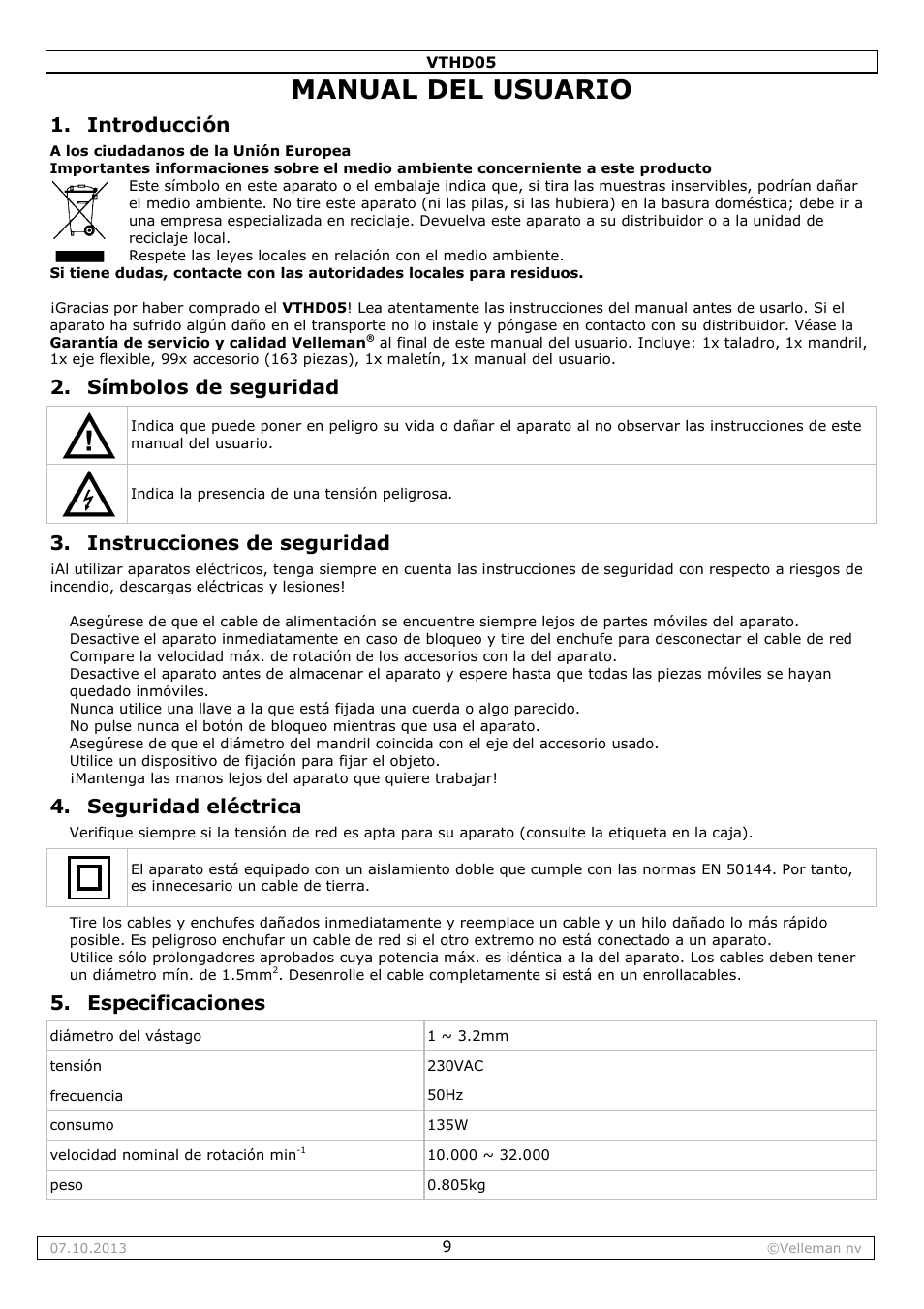 Manual del usuario, Introducción, Símbolos de seguridad | Instrucciones de seguridad, Seguridad eléctrica, Especificaciones | Velleman VTHD05 User Manual | Page 9 / 18
