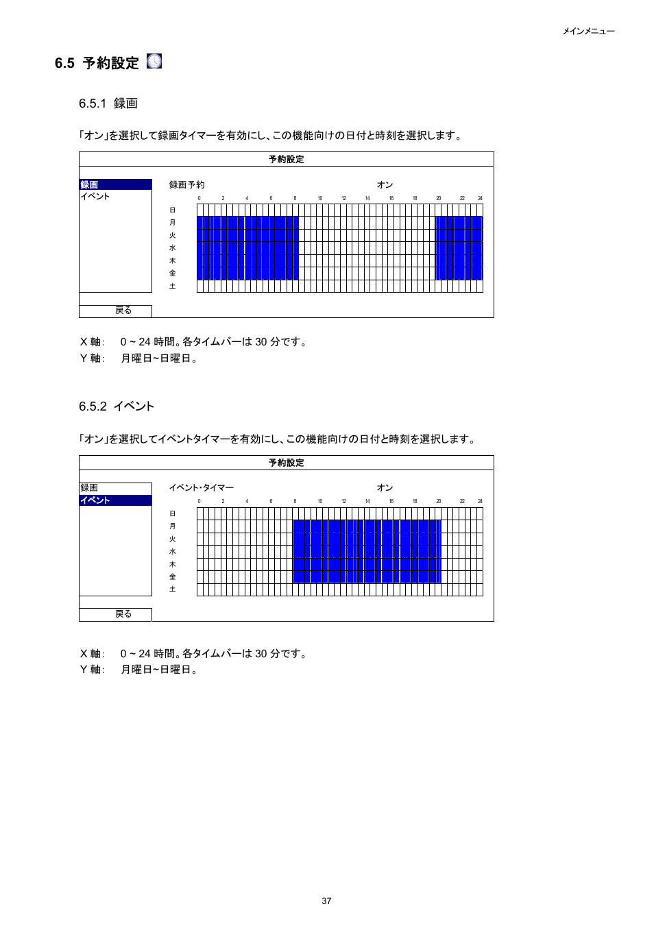 5 予約設定, 1 録画, 2 イベント | オン」を選択して録画タイマーを有効にし、この機能向けの日付と時刻を選択します, オン」を選択してイベントタイマーを有効にし、この機能向けの日付と時刻を選択します | Velleman NVR2 User Manual | Page 147 / 314