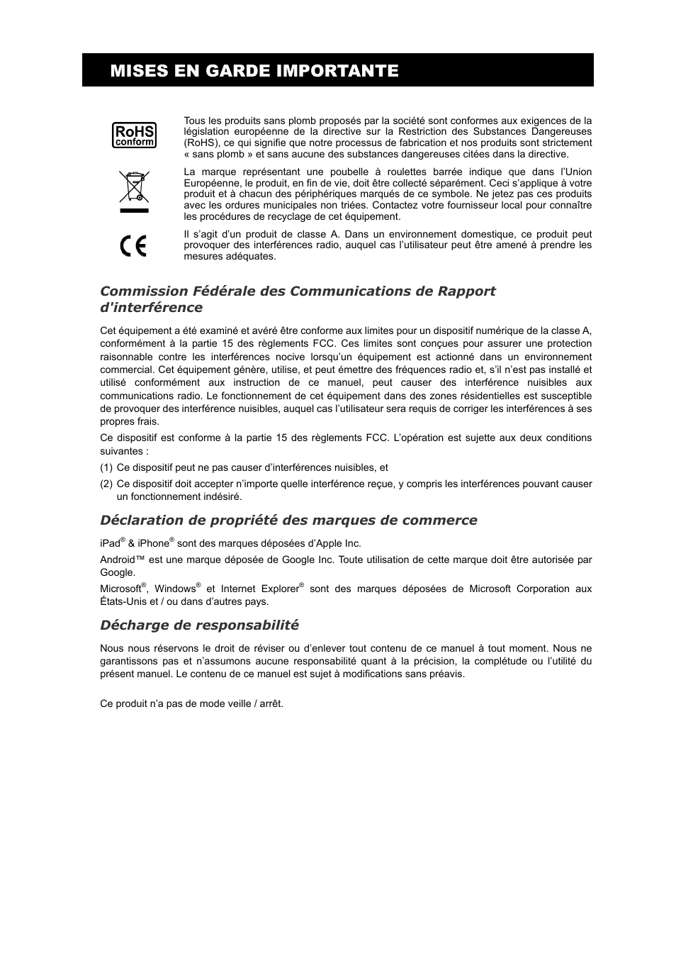 Mises en garde importante, Déclaration de propriété des marques de commerce, Décharge de responsabilité | Velleman NVR2 User Manual | Page 159 / 314