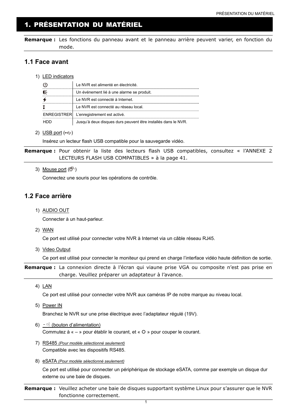 Présentation du matériel, 1 face avant, 2 face arrière | Velleman NVR2 User Manual | Page 163 / 314