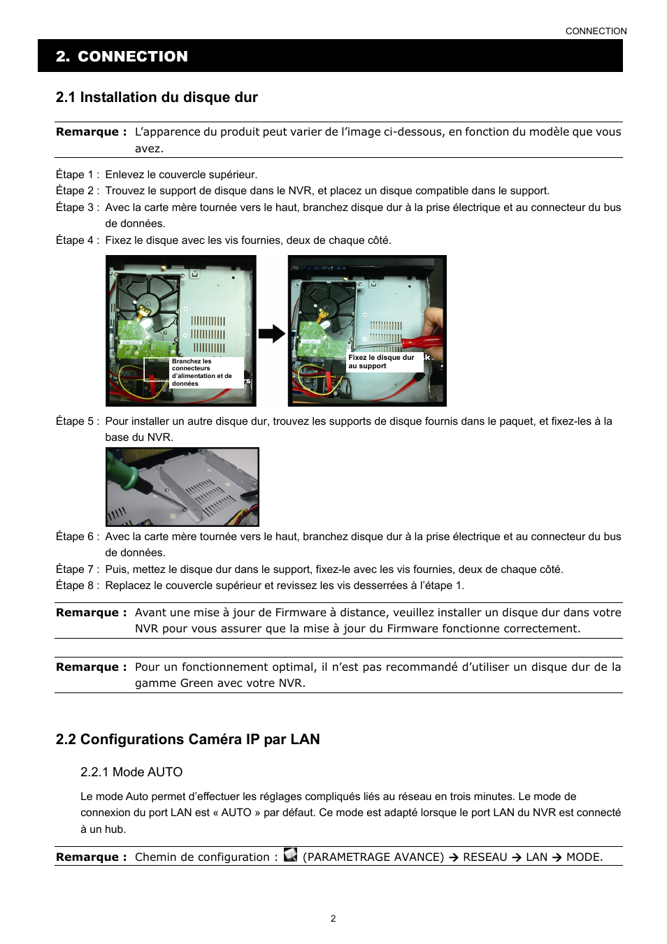 Connection 2.1 installation du disque dur, 2 configurations caméra ip par lan | Velleman NVR2 User Manual | Page 164 / 314