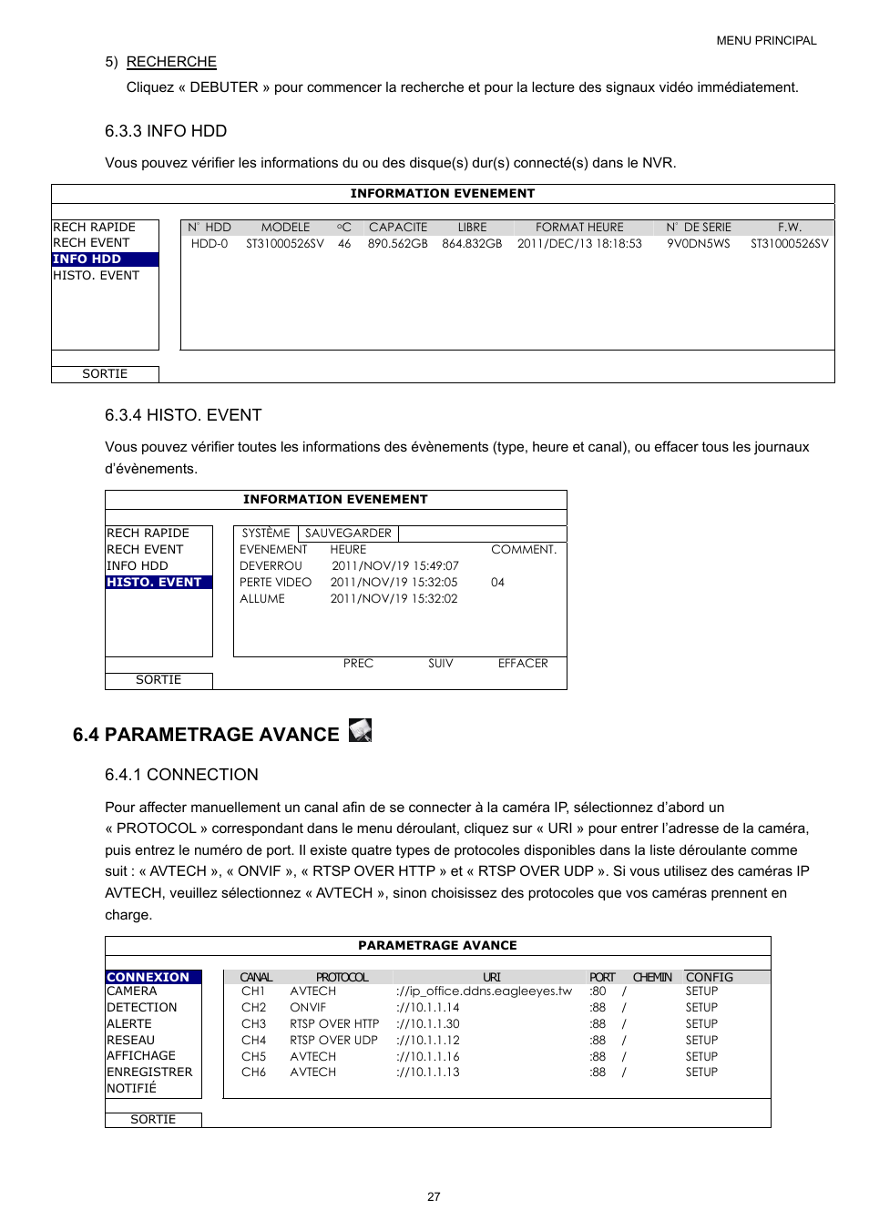 4 parametrage avance, 3 info hdd, 4 histo. event | 1 connection | Velleman NVR2 User Manual | Page 189 / 314