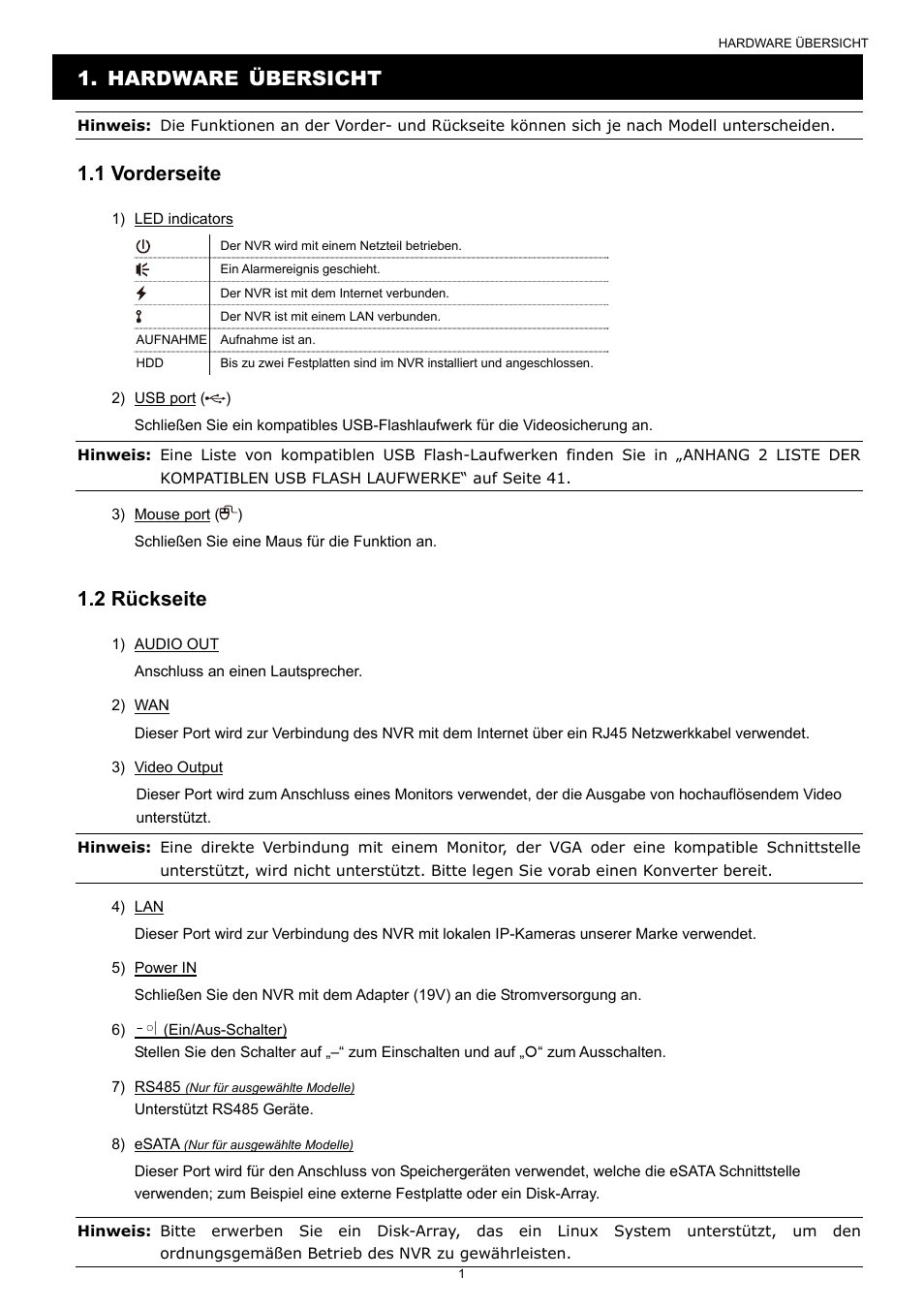 Hardware übersicht, 1 vorderseite, 2 rückseite | Velleman NVR2 User Manual | Page 216 / 314