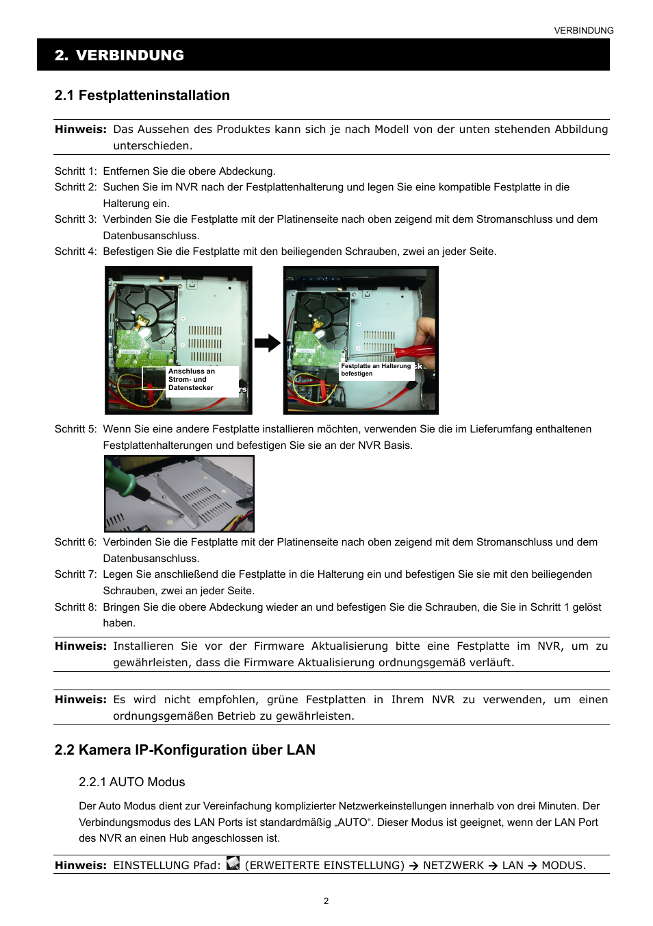 Verbindung 2.1 festplatteninstallation, 2 kamera ip-konfiguration über lan | Velleman NVR2 User Manual | Page 217 / 314