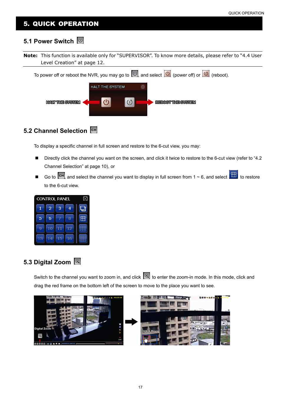 Quick operation 5.1 power switch, 2 channel selection, 3 digital zoom | Velleman NVR2 User Manual | Page 23 / 314