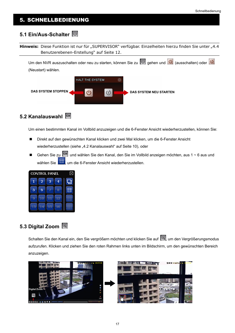 Schnellbedienung 5.1 ein/aus-schalter, 2 kanalauswahl, 3 digital zoom | Velleman NVR2 User Manual | Page 232 / 314