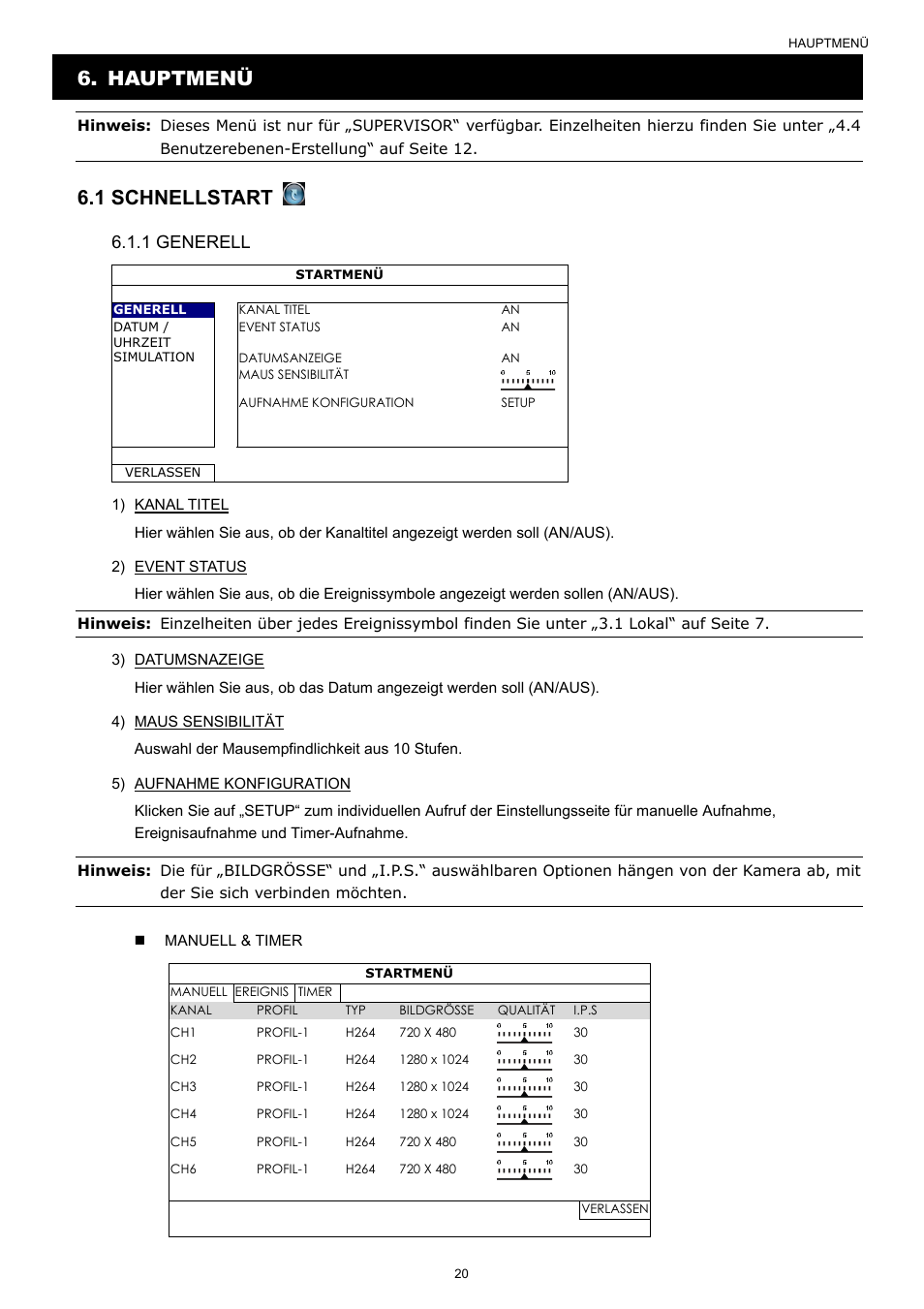 Hauptmenü, 1 schnellstart, 1 generell | Velleman NVR2 User Manual | Page 235 / 314