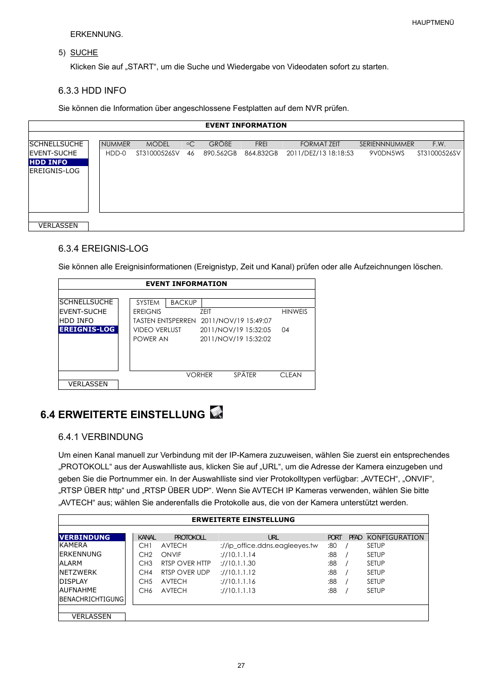 4 erweiterte einstellung, 3 hdd info, 4 ereignis-log | 1 verbindung | Velleman NVR2 User Manual | Page 242 / 314