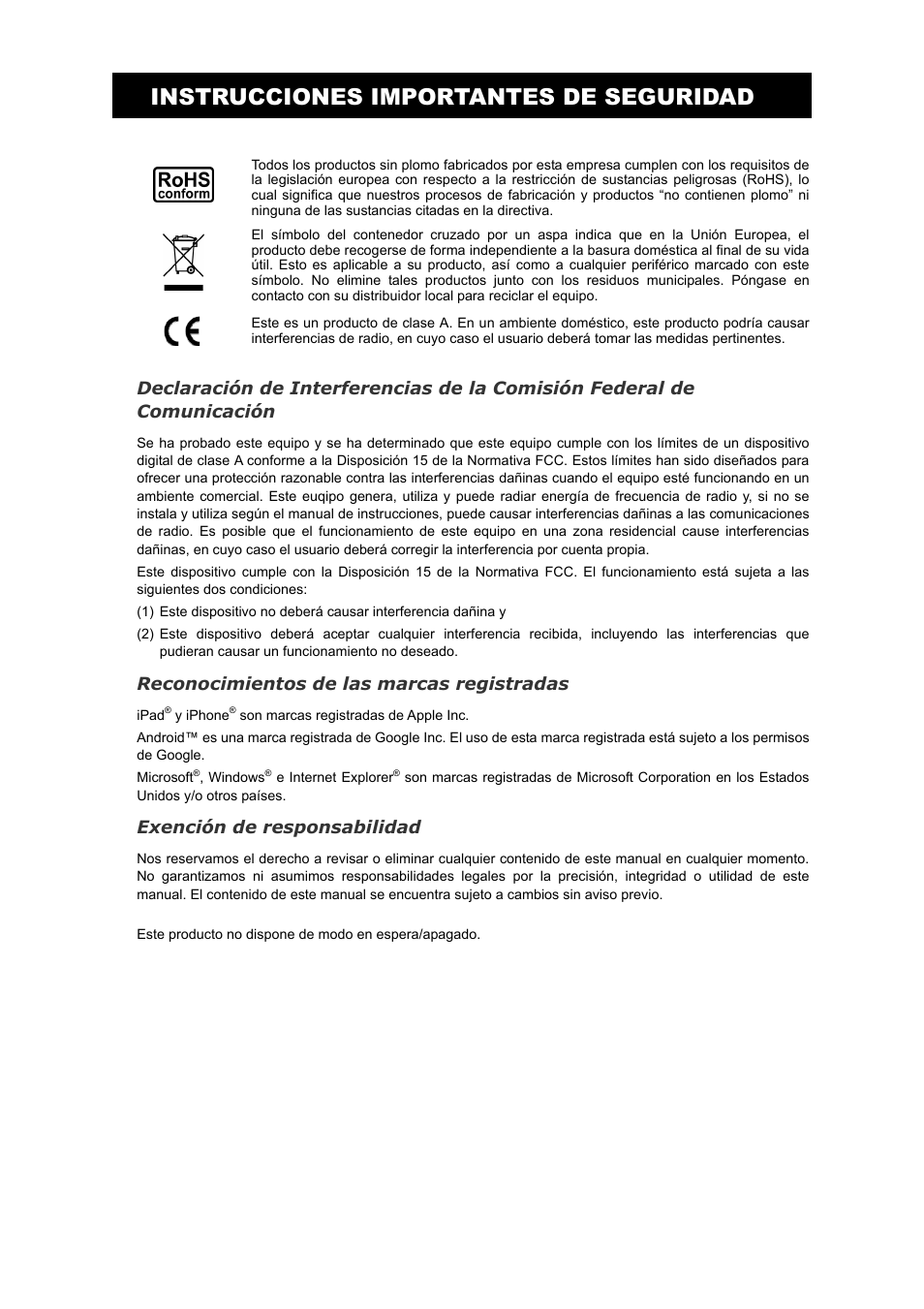 Instrucciones importantes de seguridad, Reconocimientos de las marcas registradas, Exención de responsabilidad | Velleman NVR2 User Manual | Page 264 / 314