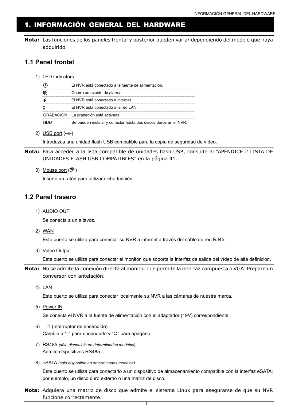 Información general del hardware, 1 panel frontal, 2 panel trasero | Velleman NVR2 User Manual | Page 268 / 314