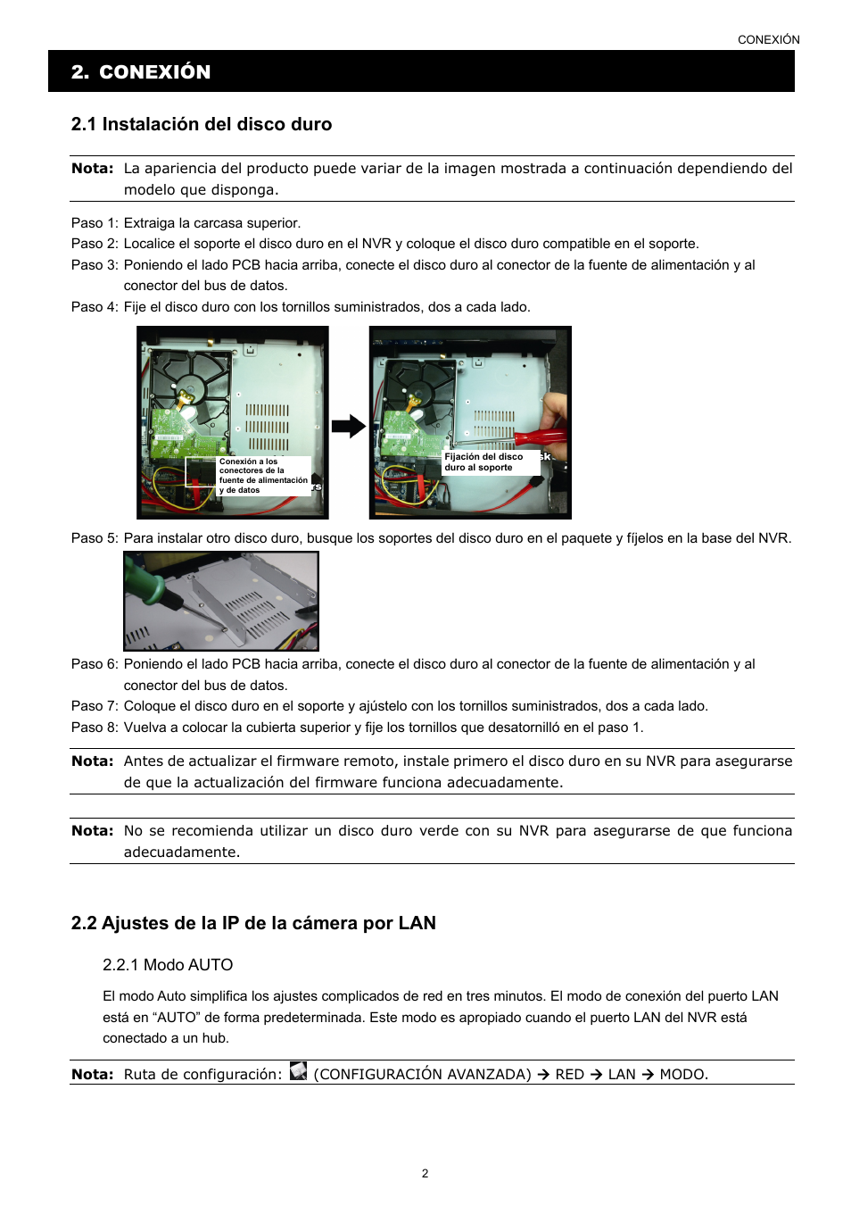 Conexión 2.1 instalación del disco duro, 2 ajustes de la ip de la cámera por lan | Velleman NVR2 User Manual | Page 269 / 314