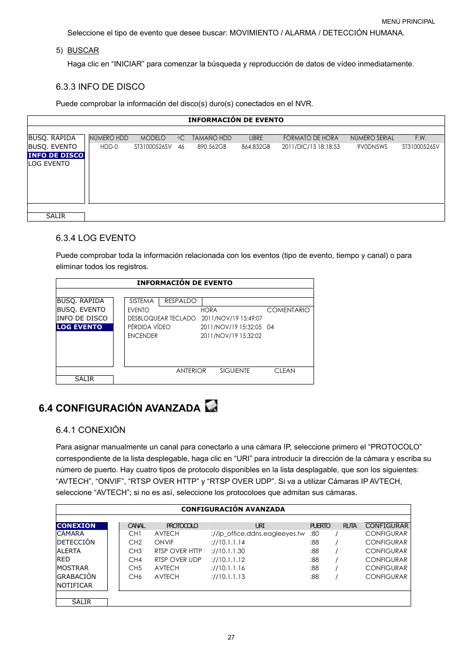 4 configuración avanzada, 3 info de disco, 4 log evento | 1 conexión | Velleman NVR2 User Manual | Page 294 / 314