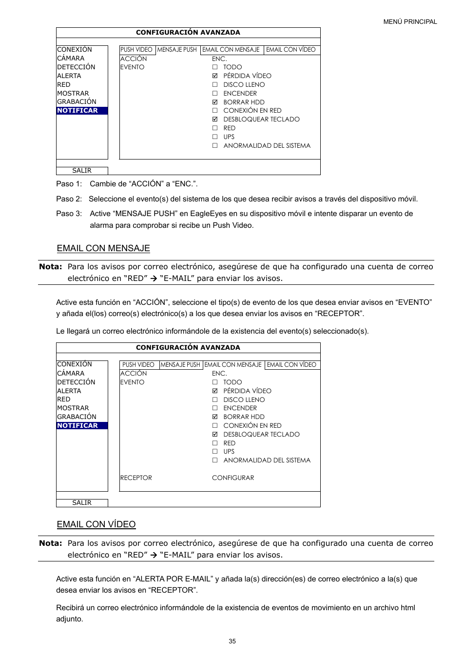 Email con mensaje, Email con vídeo | Velleman NVR2 User Manual | Page 302 / 314