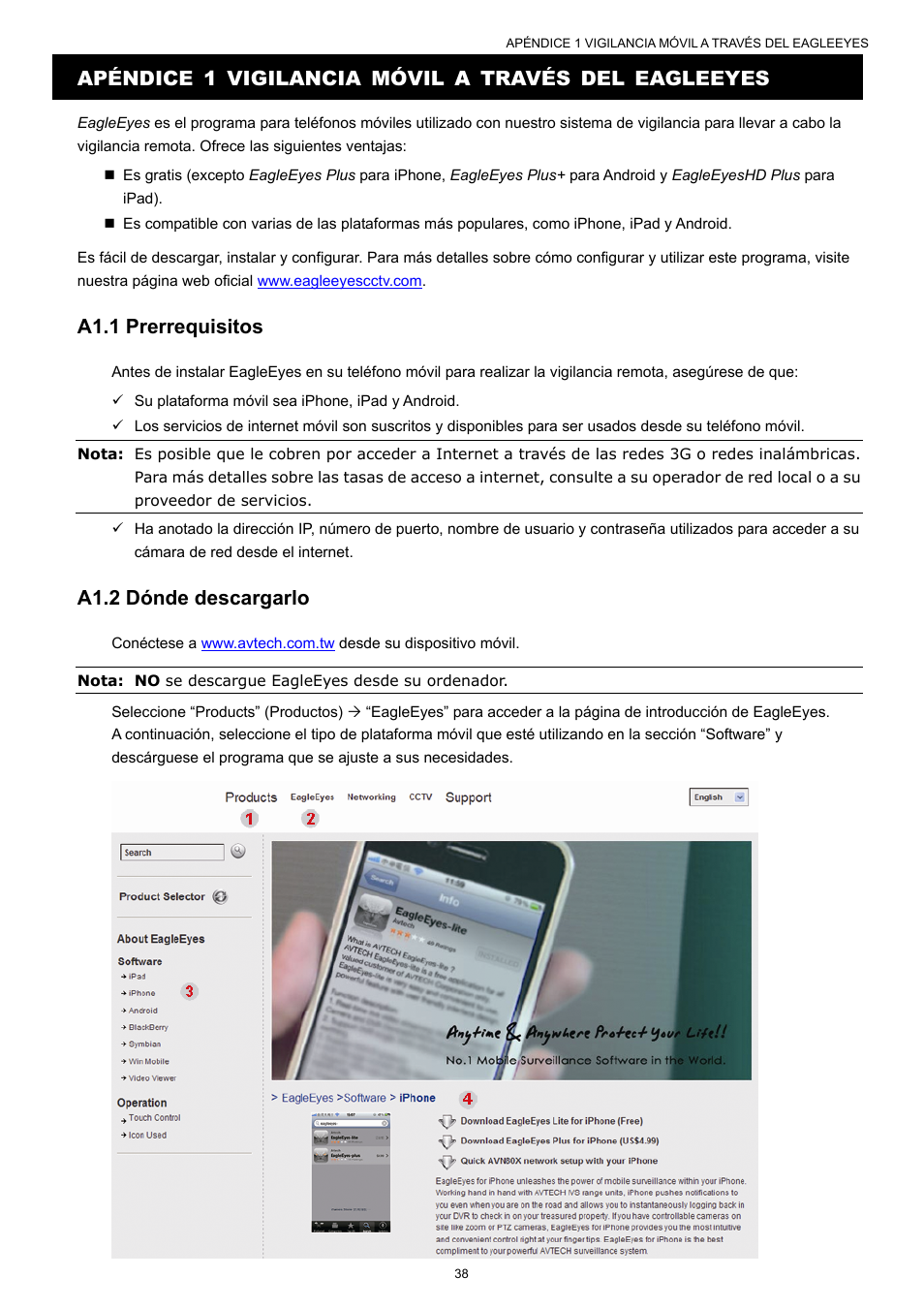 Apéndice 1 vigilancia móvil a través del eagleeyes, A1.1 prerrequisitos, A1.2 dónde descargarlo | Velleman NVR2 User Manual | Page 305 / 314