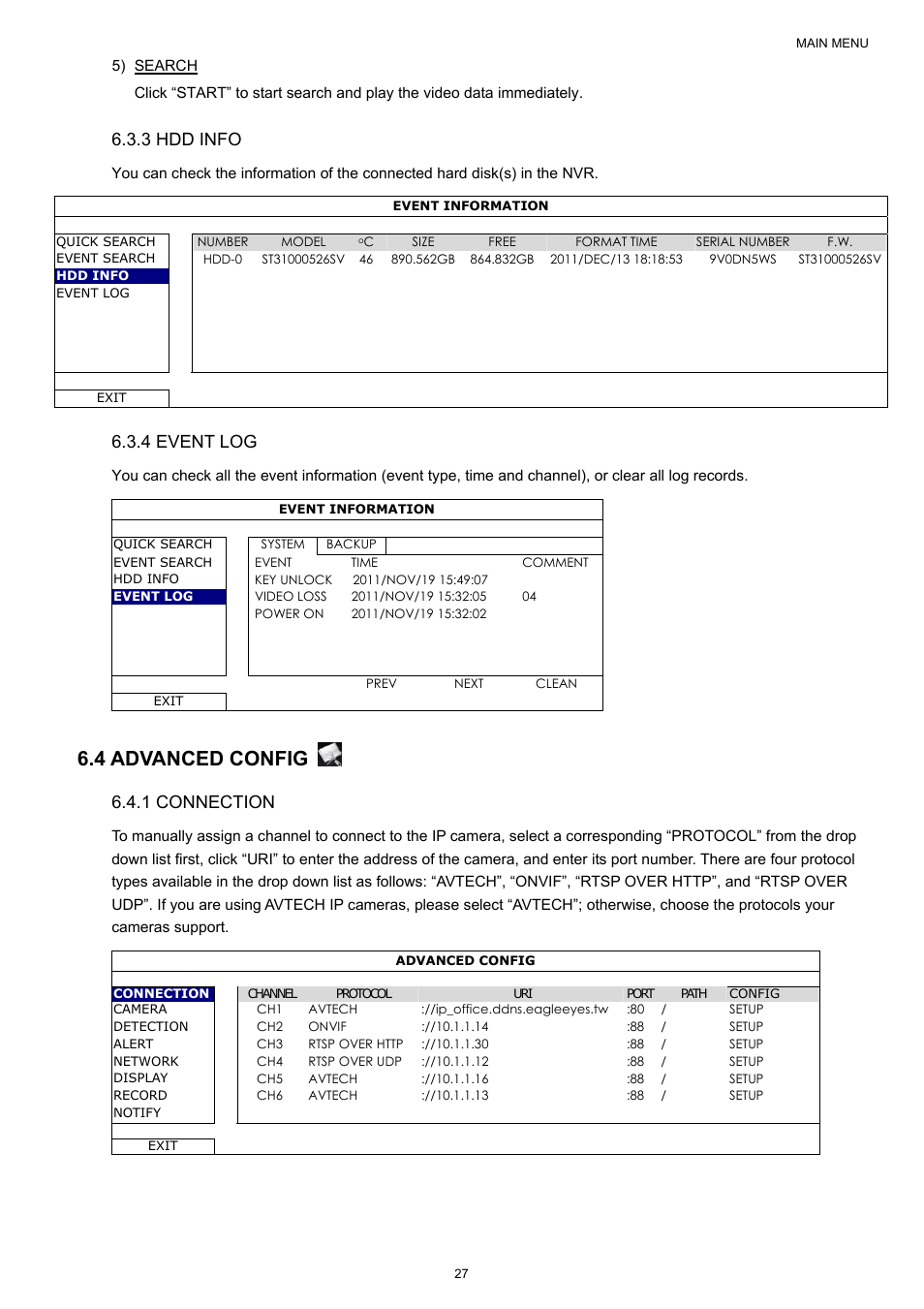 4 advanced config, 3 hdd info, 4 event log | 1 connection | Velleman NVR2 User Manual | Page 33 / 314