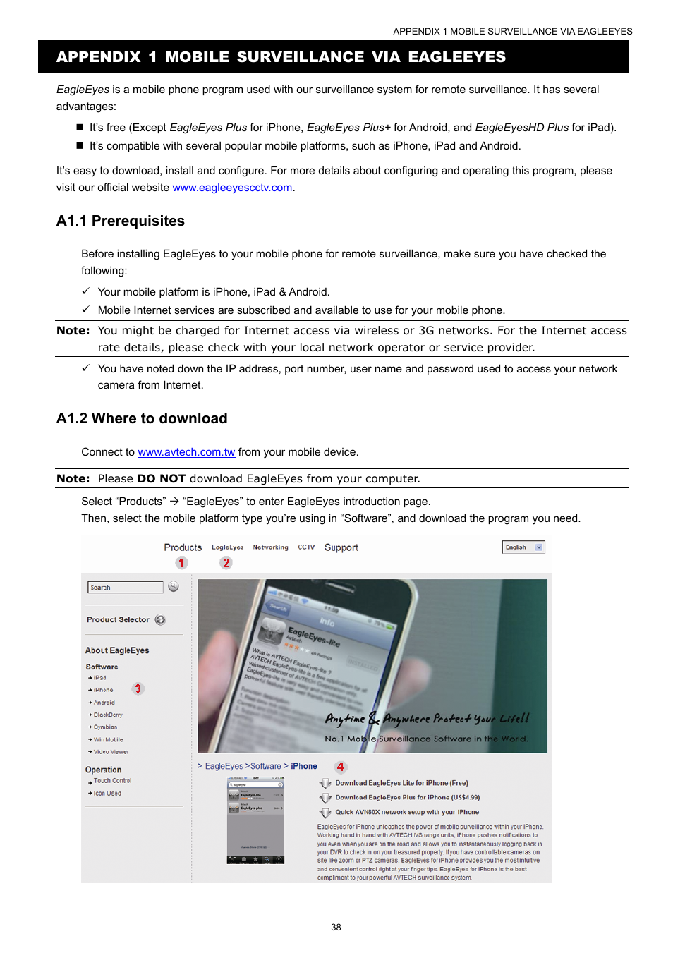 Appendix 1 mobile surveillance via eagleeyes, A1.1 prerequisites, A1.2 where to download | Velleman NVR2 User Manual | Page 44 / 314